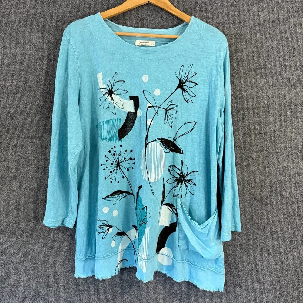 Jess & Jane Womens Mineral Washed Slub Tunic Top Size XL Teal 3/4 Sleeve Artsy - Picture 2 of 10